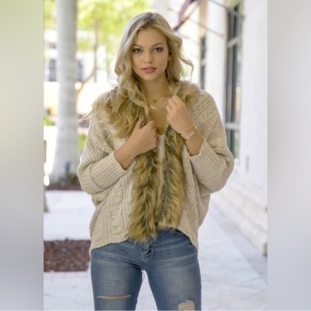 MILITARY HIPPIE Faux Fur Cardigan Sweater Open Front Tie Back